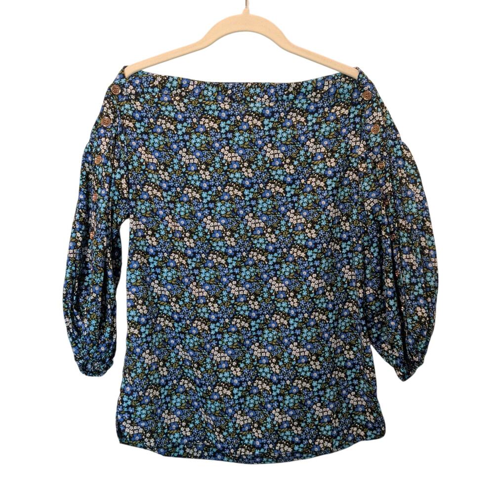 Buru Women's Sz XS Blue Micro Floral Puff Sleeve Boat Neck Blouse Gold Buttons